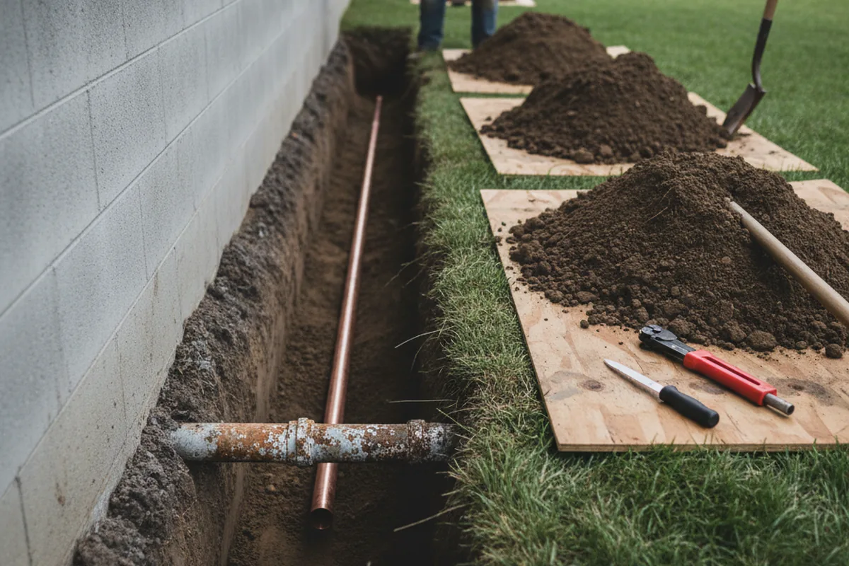 Excavated water line trench during Sewer Line Repair in Lawtey